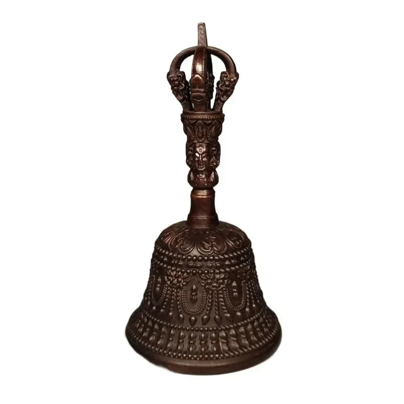 Cloche Tibétaine Bronze Sombre – Rituel Bouddhiste à Manche Sculpté
