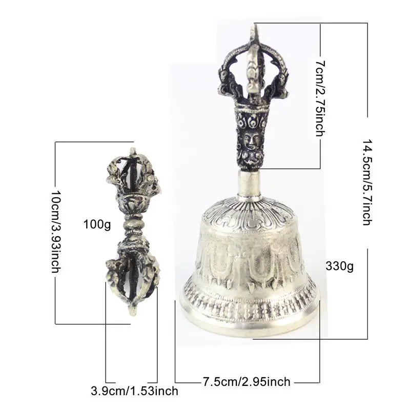 Cloche Bouddhiste Tibétaine en Bronze  - Gravure Visage Vajra & Dorjé