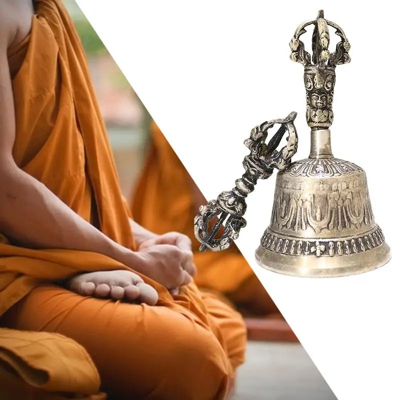 Cloche Bouddhiste Tibétaine en Bronze  - Gravure Visage Vajra & Dorjé