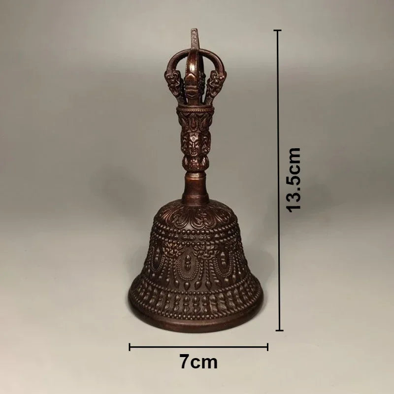 Cloche Tibétaine Bronze Sombre – Rituel Bouddhiste à Manche Sculpté