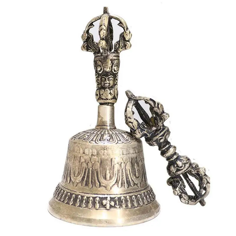 Cloche Bouddhiste Tibétaine en Bronze  - Gravure Visage Vajra & Dorjé