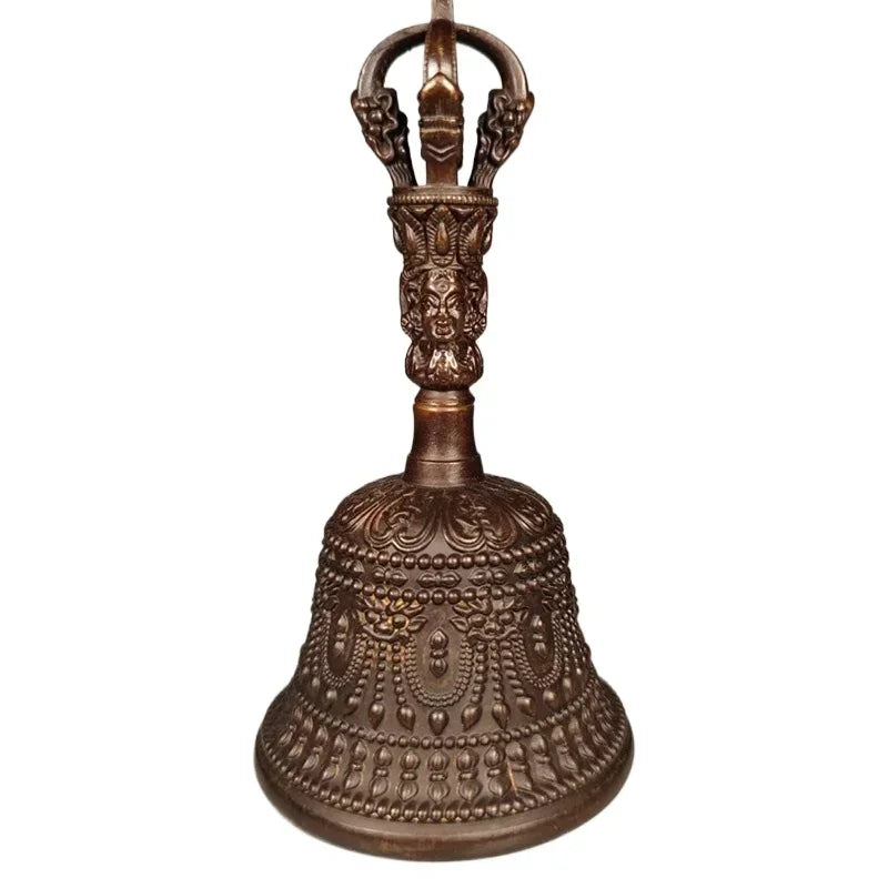 Cloche Tibétaine Bronze Sombre – Rituel Bouddhiste à Manche Sculpté